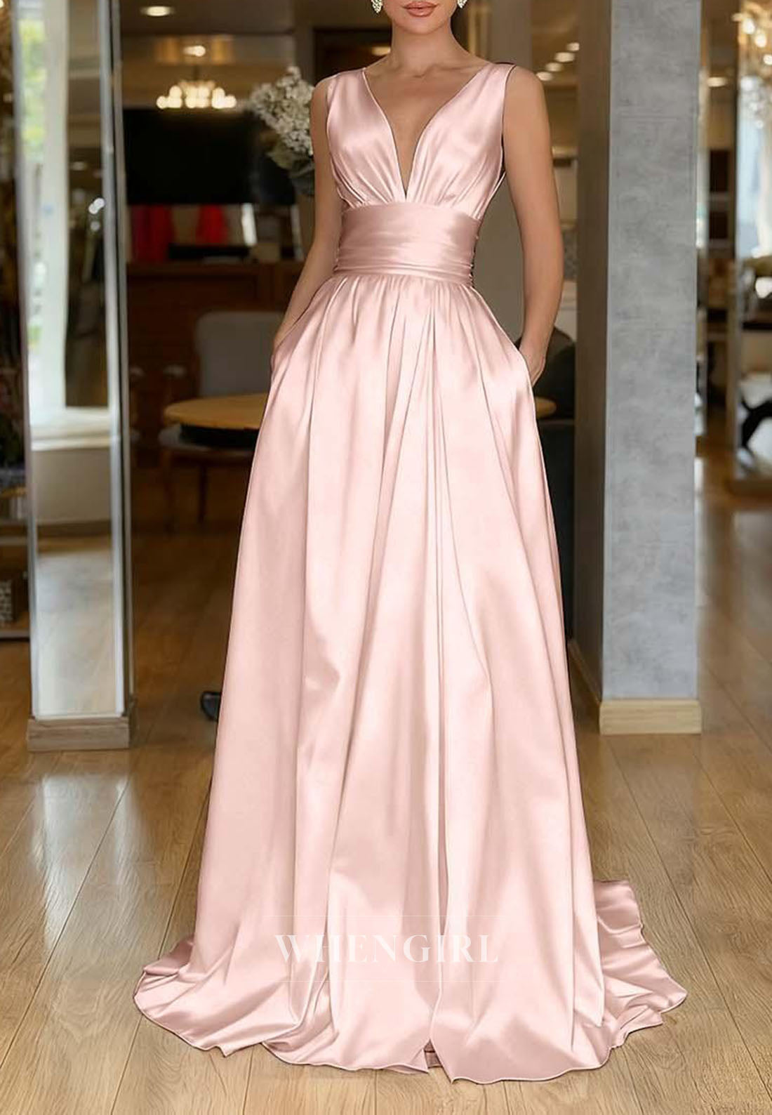 A-Line Plunging V-Neck Gown with Side Pockets