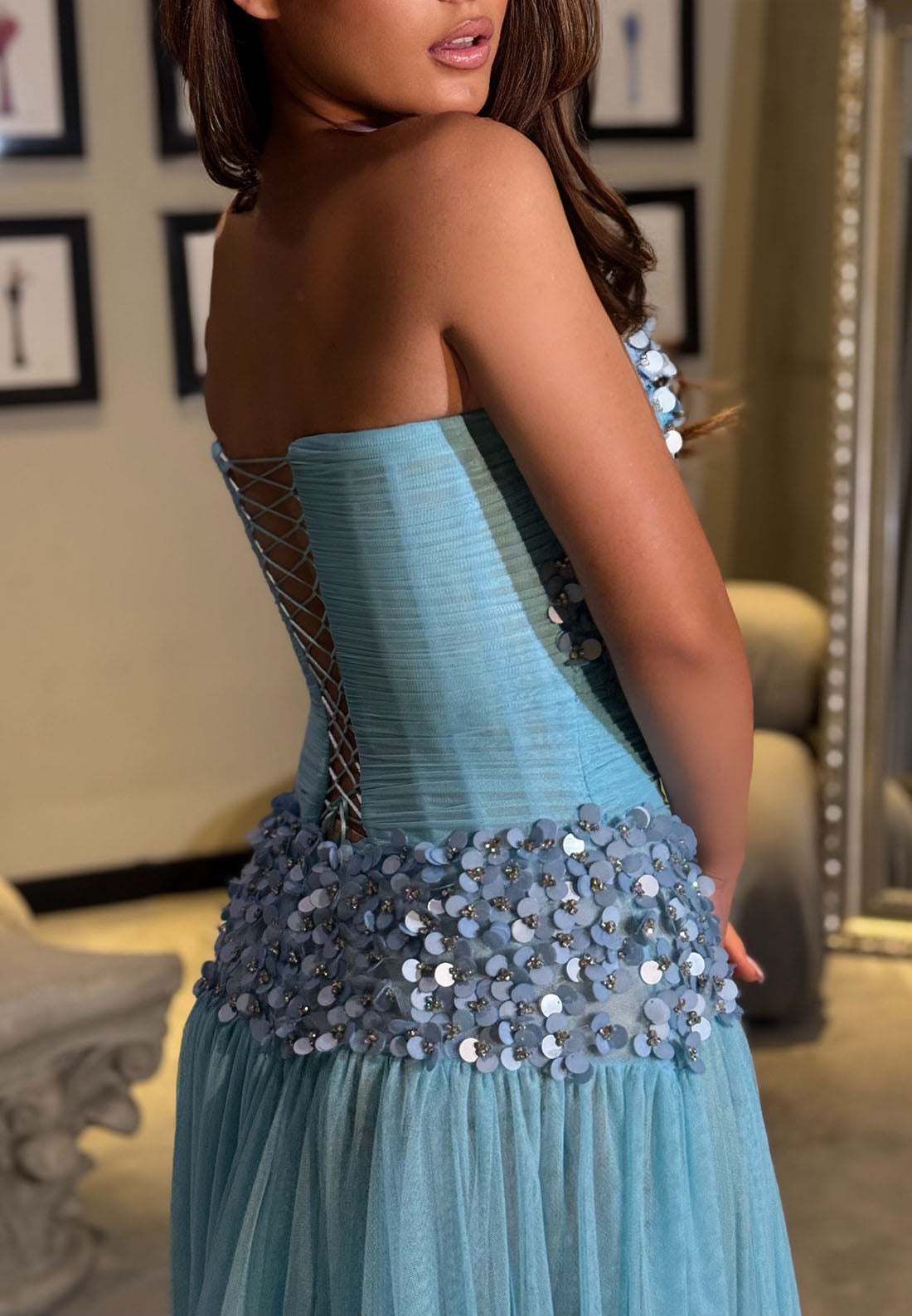 Strapless Ruched Tulle Gown with Disc Embellishment