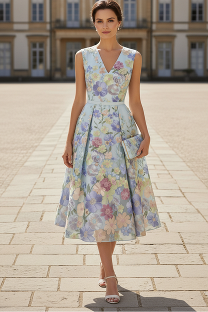 Floral Embroidered V-Neck A-Line Midi Dress