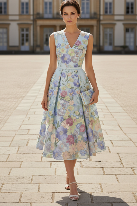 Floral Embroidered V-Neck A-Line Midi Dress