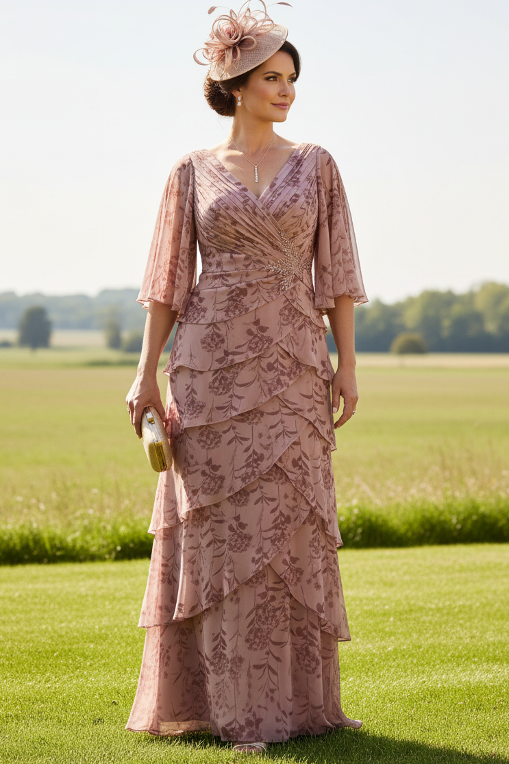 Floral Tiered Chiffon Evening Dress