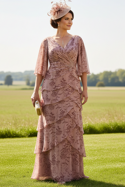Floral Tiered Chiffon Evening Dress