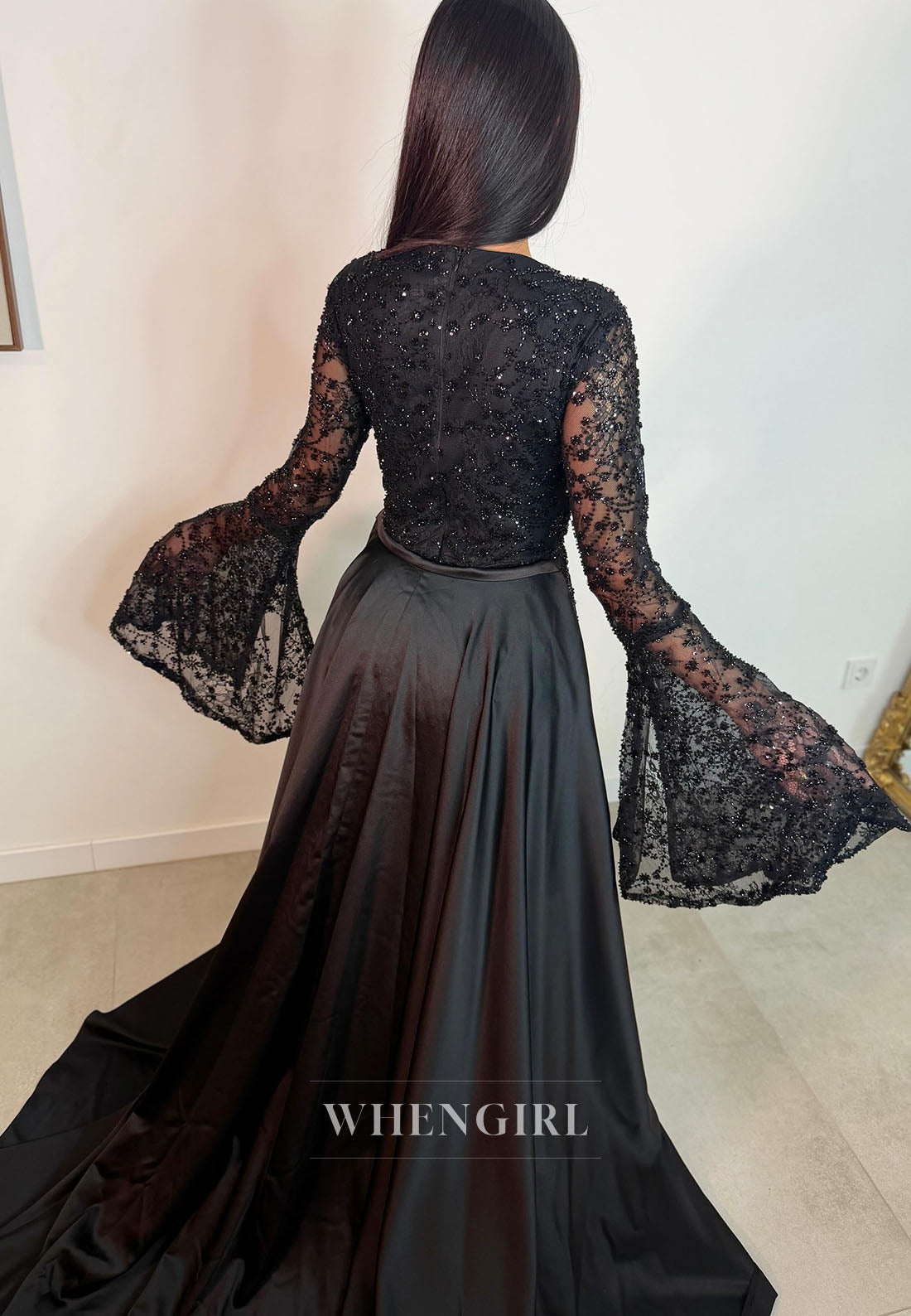 Bell Sleeve Beaded Lace Mermaid Gown with Train