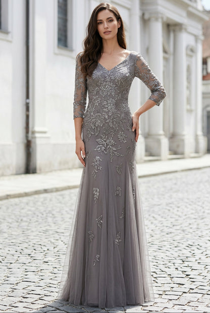 Embroidered V-Neck Mermaid Gown with 3/4 Sleeves