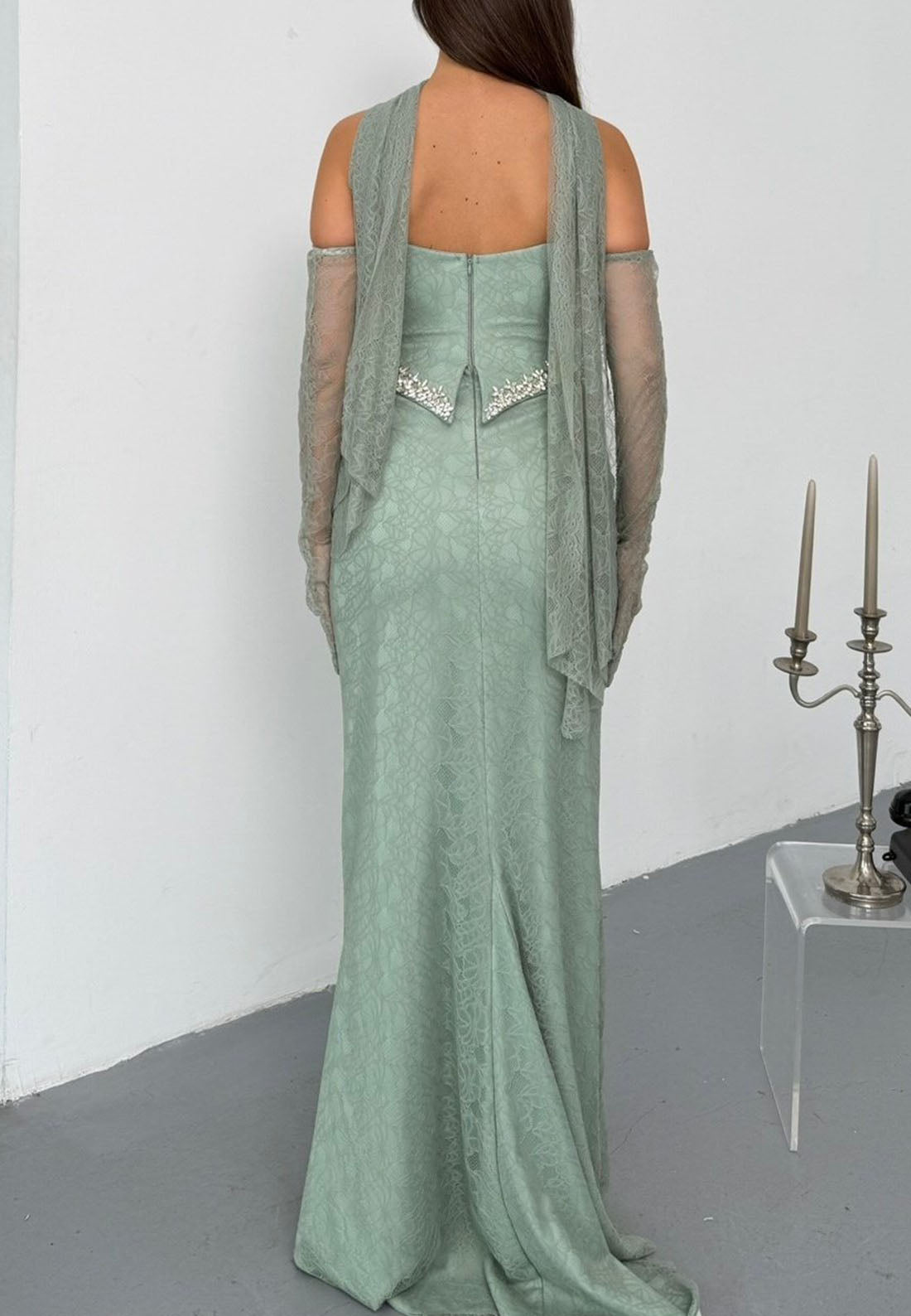 Embellished Corset Lace Gown with Gloves