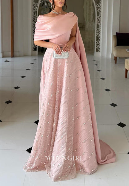 Draped Shawl Neck A-Line Gown with Embellished Skirt