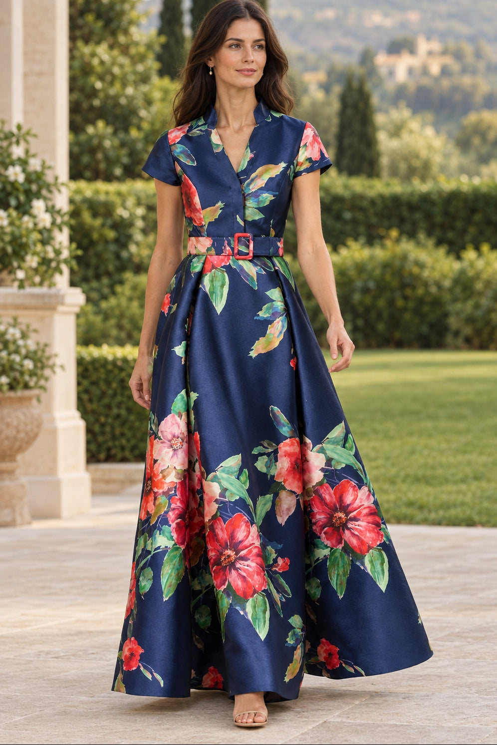 Floral Belted Collared A-Line Evening Gown