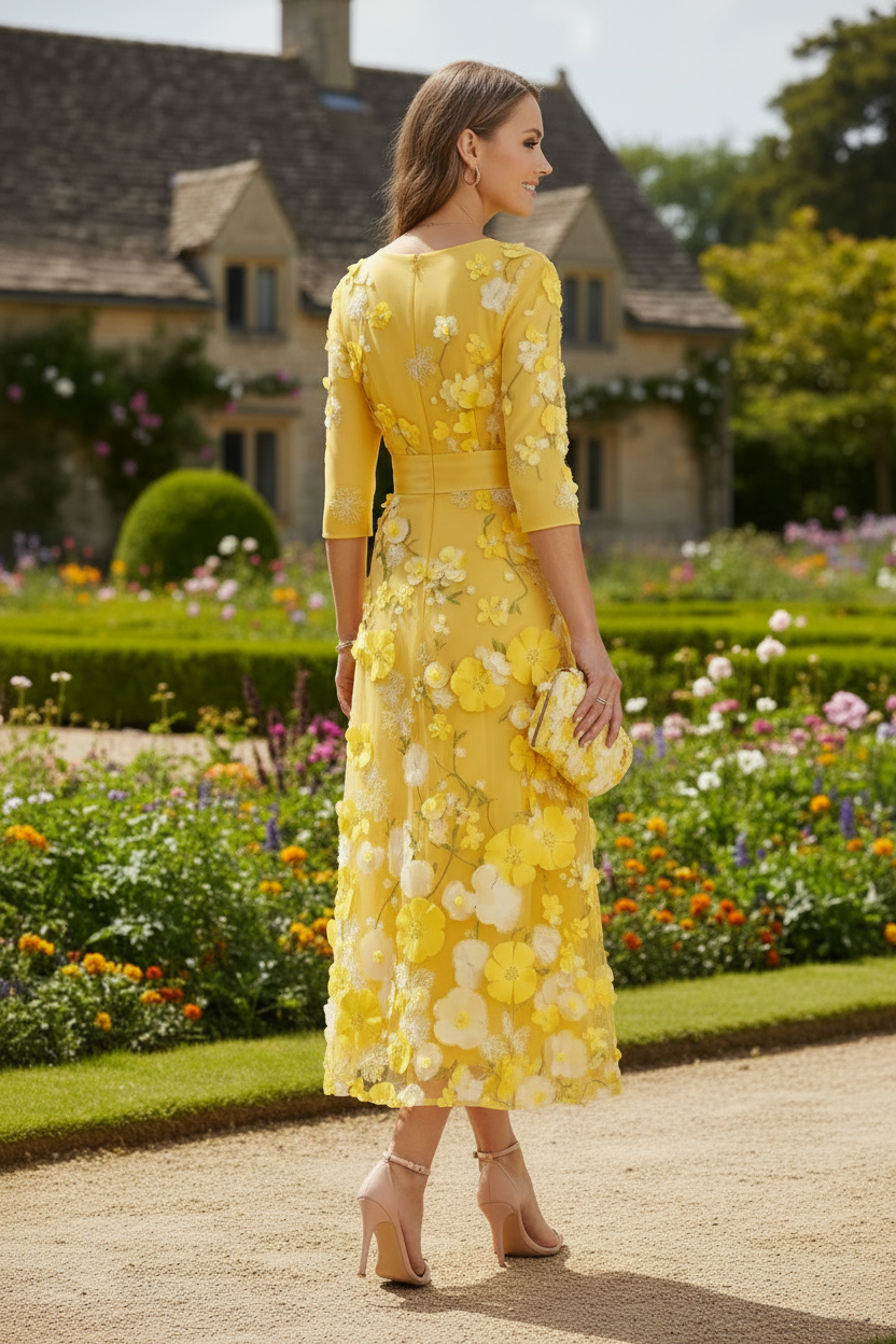 Elegant 3D Floral A-Line Tea-Length Dress