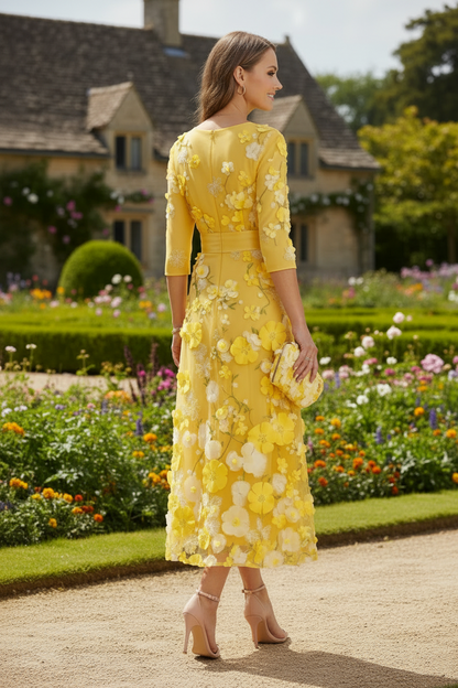 Elegant 3D Floral A-Line Tea-Length Dress