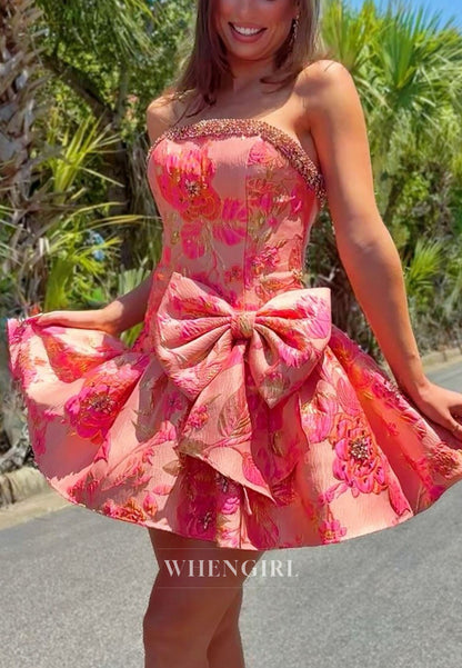 Strapless Floral Jacquard Mini Dress with Bow