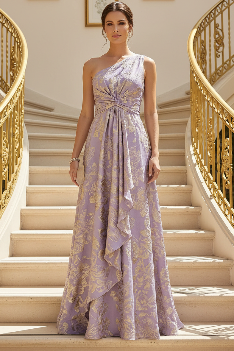 Metallic Floral One-Shoulder Evening Dress