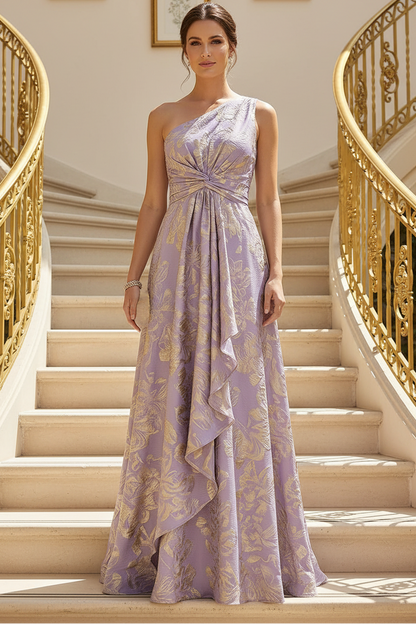 Metallic Floral One-Shoulder Evening Dress