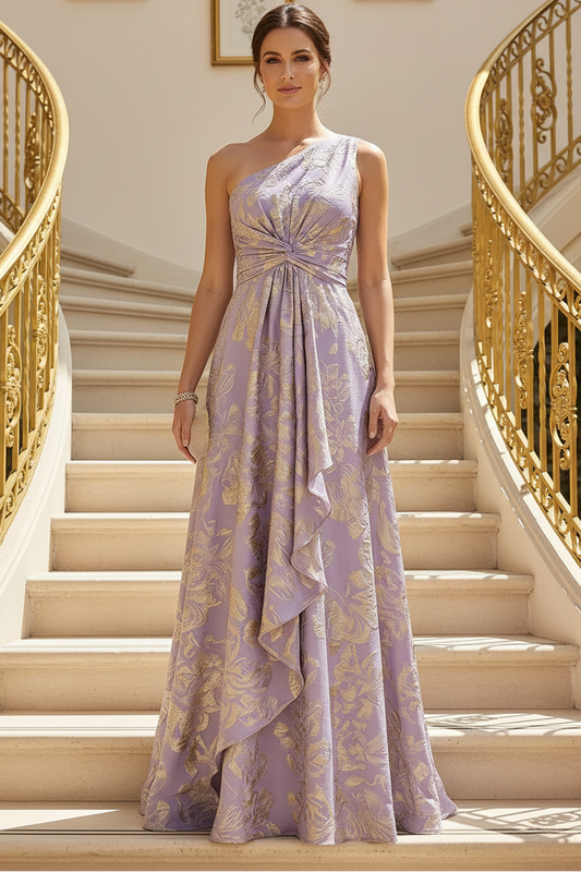 Metallic Floral One-Shoulder Evening Dress