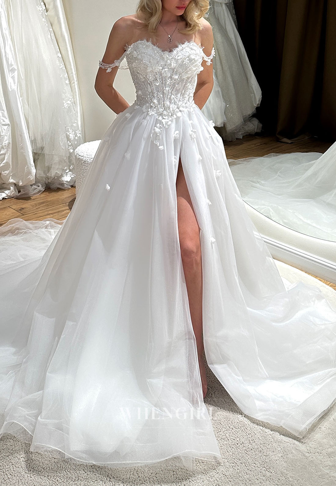 3D Floral Corset Wedding Dress with Slit