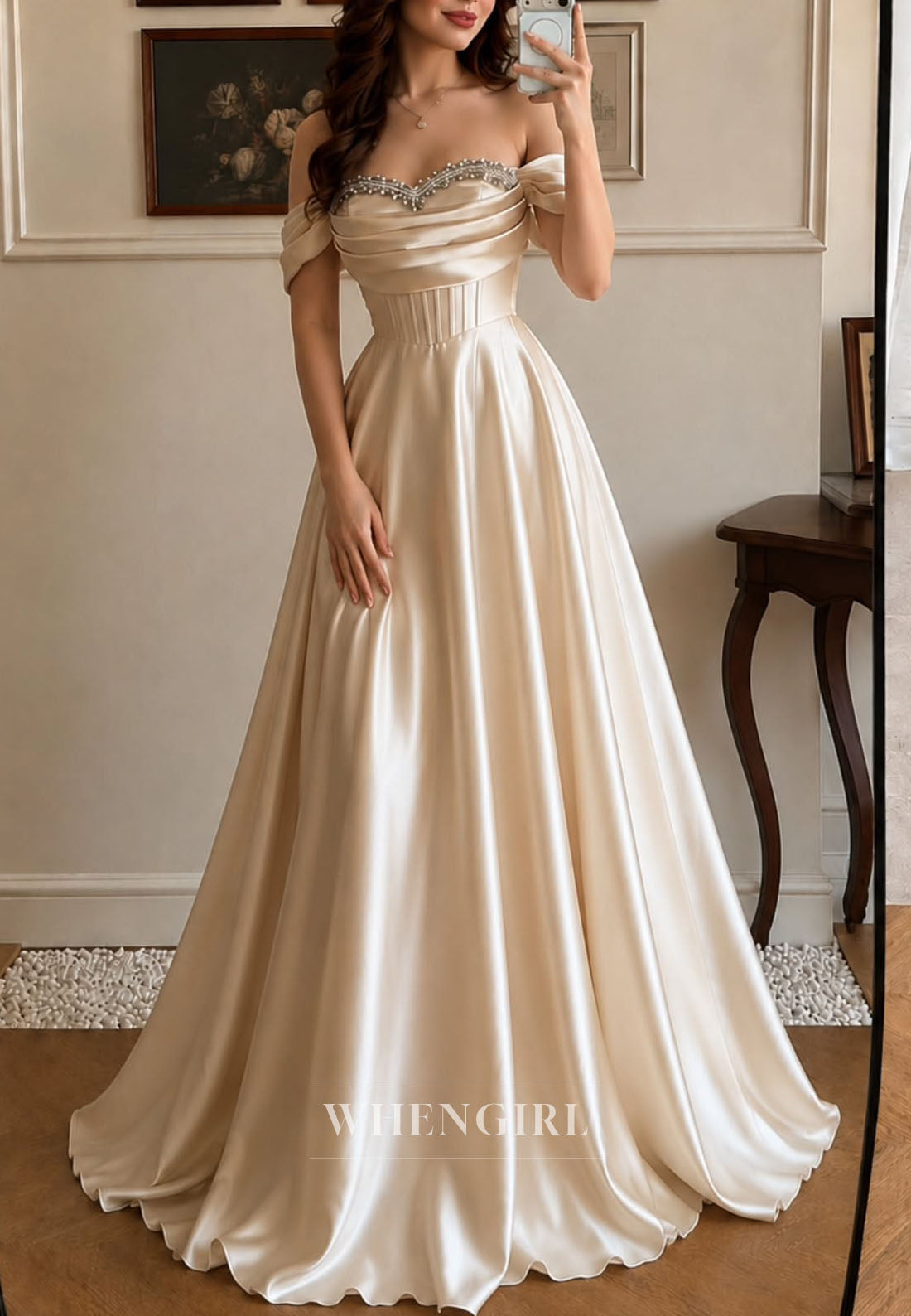 Off Shoulder Satin A-Line Formal Gown with Beaded Bodice
