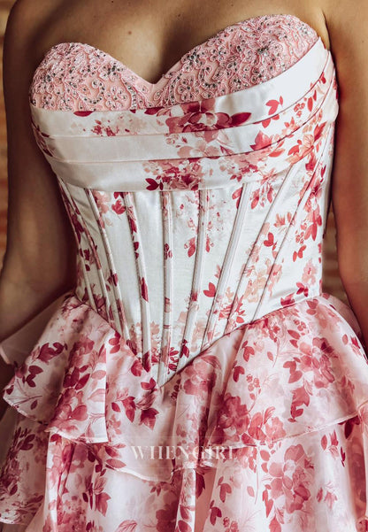Floral Print Strapless Corset Tiered Mini Dress