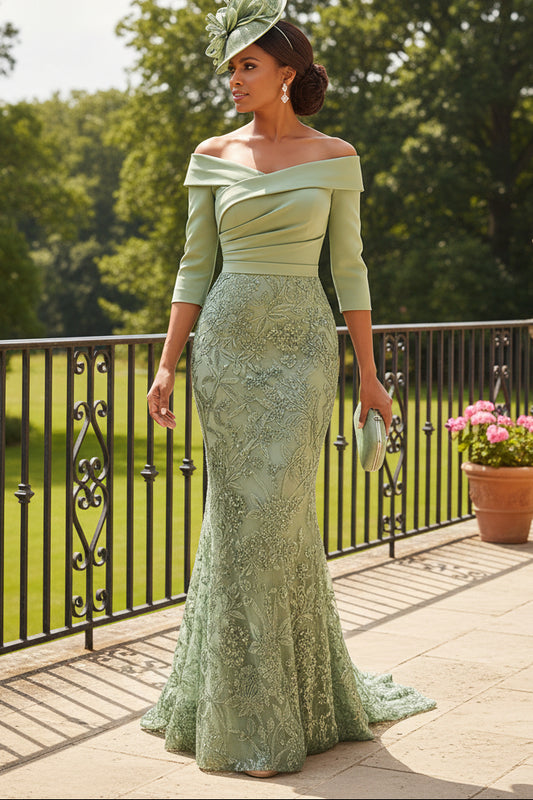 Off-the-Shoulder 3/4 Sleeve Lace Mermaid Gown