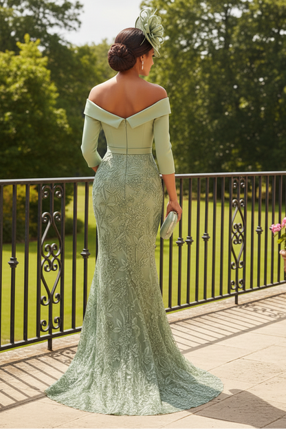 Off-the-Shoulder 3/4 Sleeve Lace Mermaid Gown