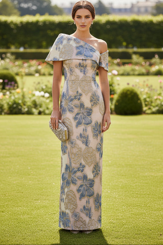 One-Shoulder Metallic Jacquard Column Gown