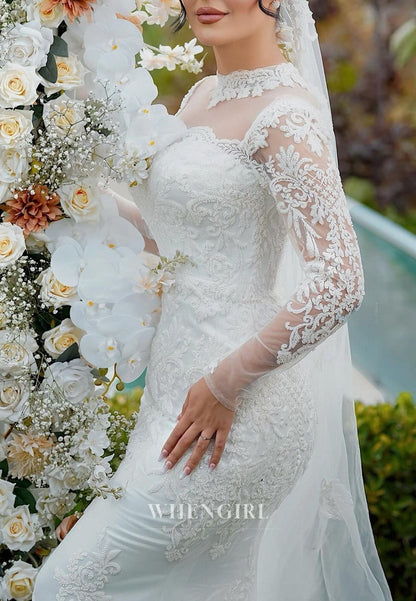High Neck Illusion Lace Mermaid Wedding Dress