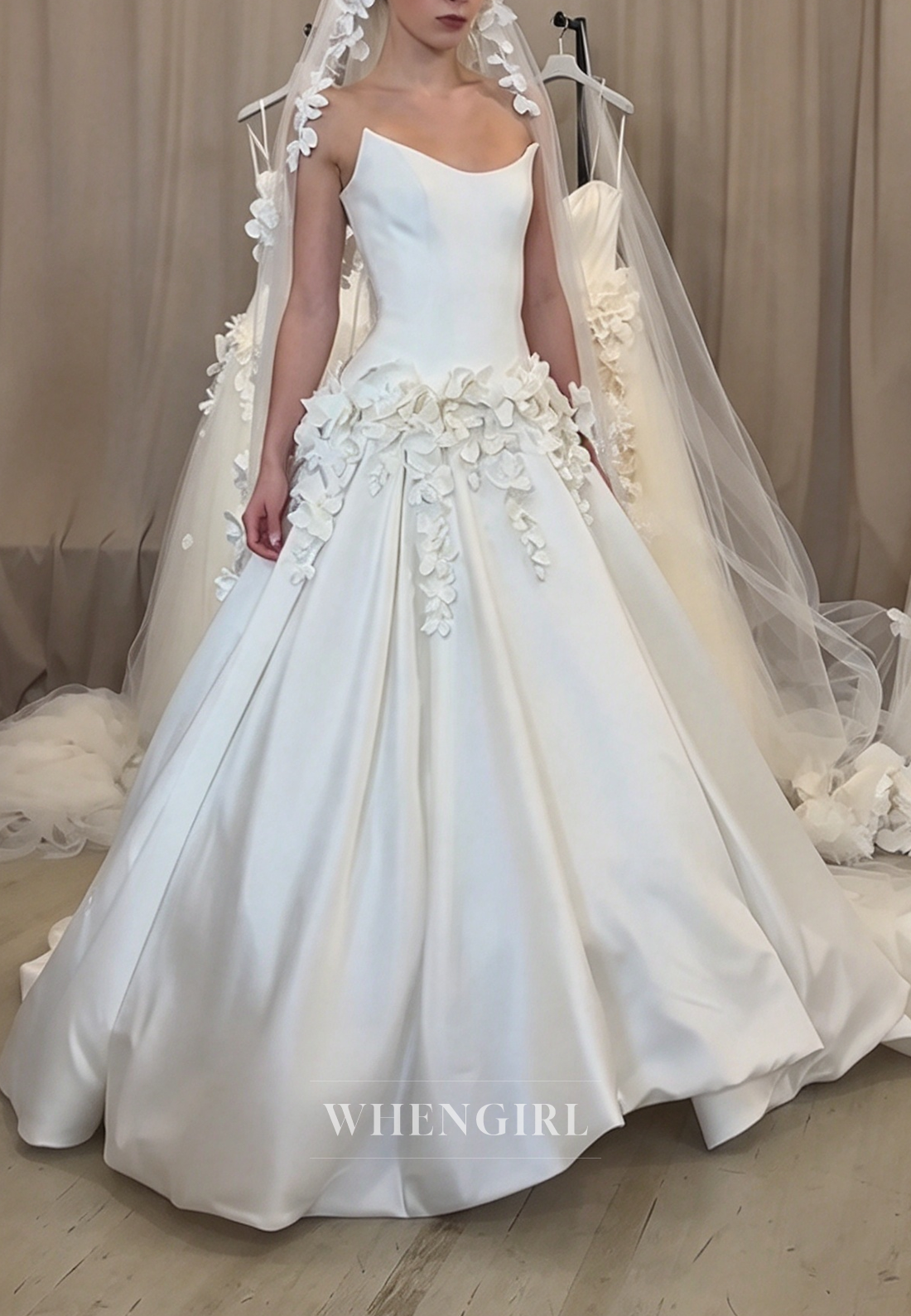 Floral Applique Satin Ball Gown Wedding Dress