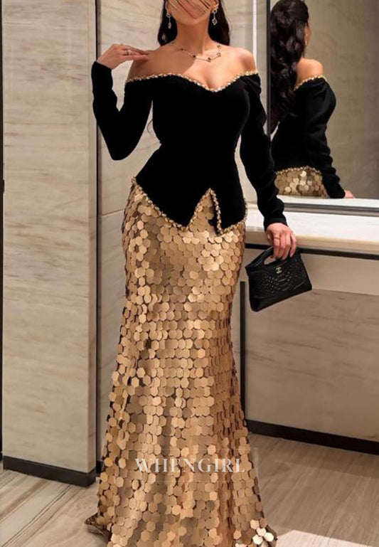 Off-the-Shoulder Peplum Sequin Mermaid Gown