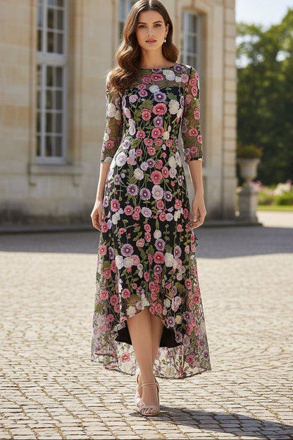 Floral Embroidered High-Low Mesh Maxi Dress