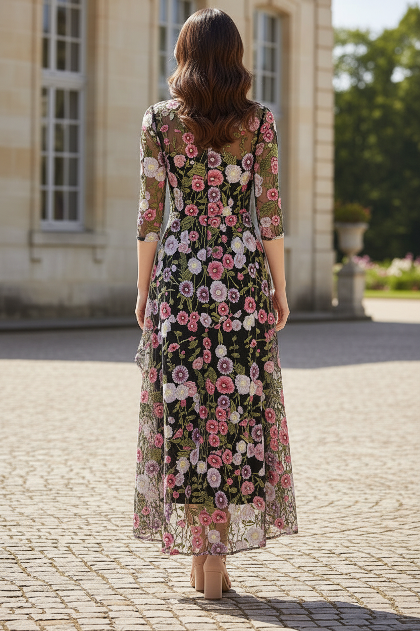 Floral Embroidered High-Low Mesh Maxi Dress