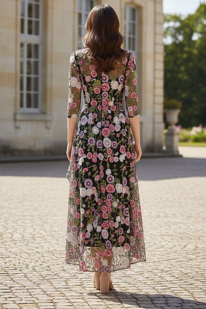 Floral Embroidered High-Low Mesh Maxi Dress