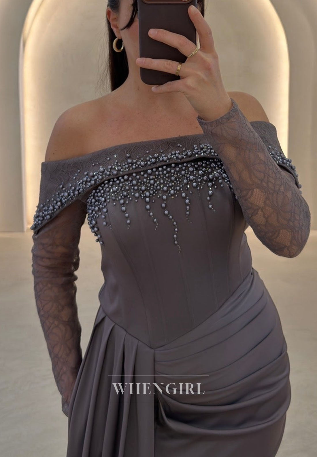 Off-Shoulder Pearl Embellished Lace Sleeve Gown