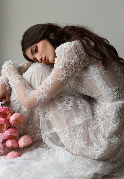 Vintage High Neck Long Sleeve Lace A-Line Wedding Dress