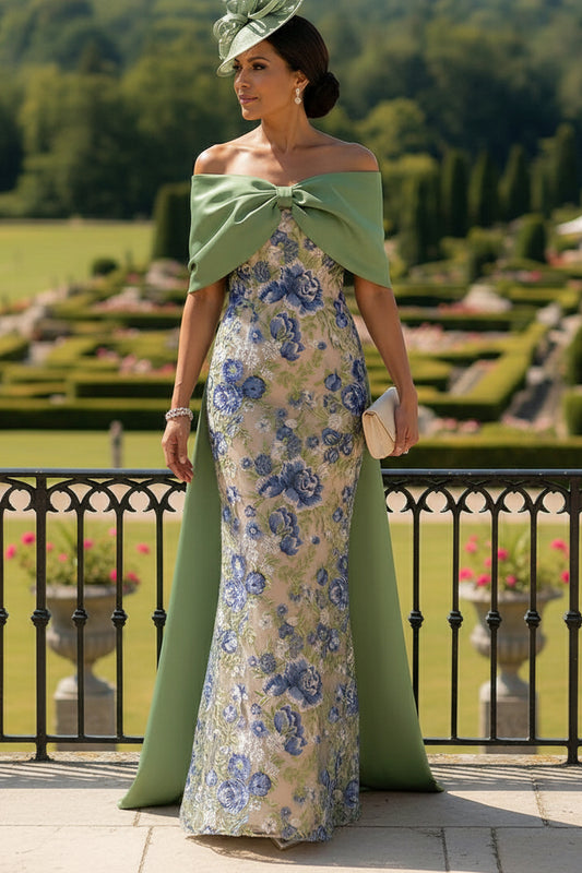 Floral Embroidered Column Gown with Draped Collar