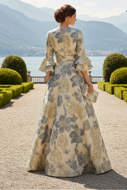 Floral Jacquard A-Line Maxi Dress with Ruffle Sleeves