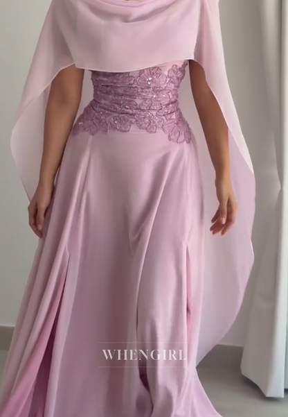Chiffon A-Line Gown with Sequin Bodice & Cape