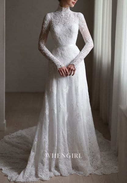 High Neck Lace Long Sleeve Wedding Dress