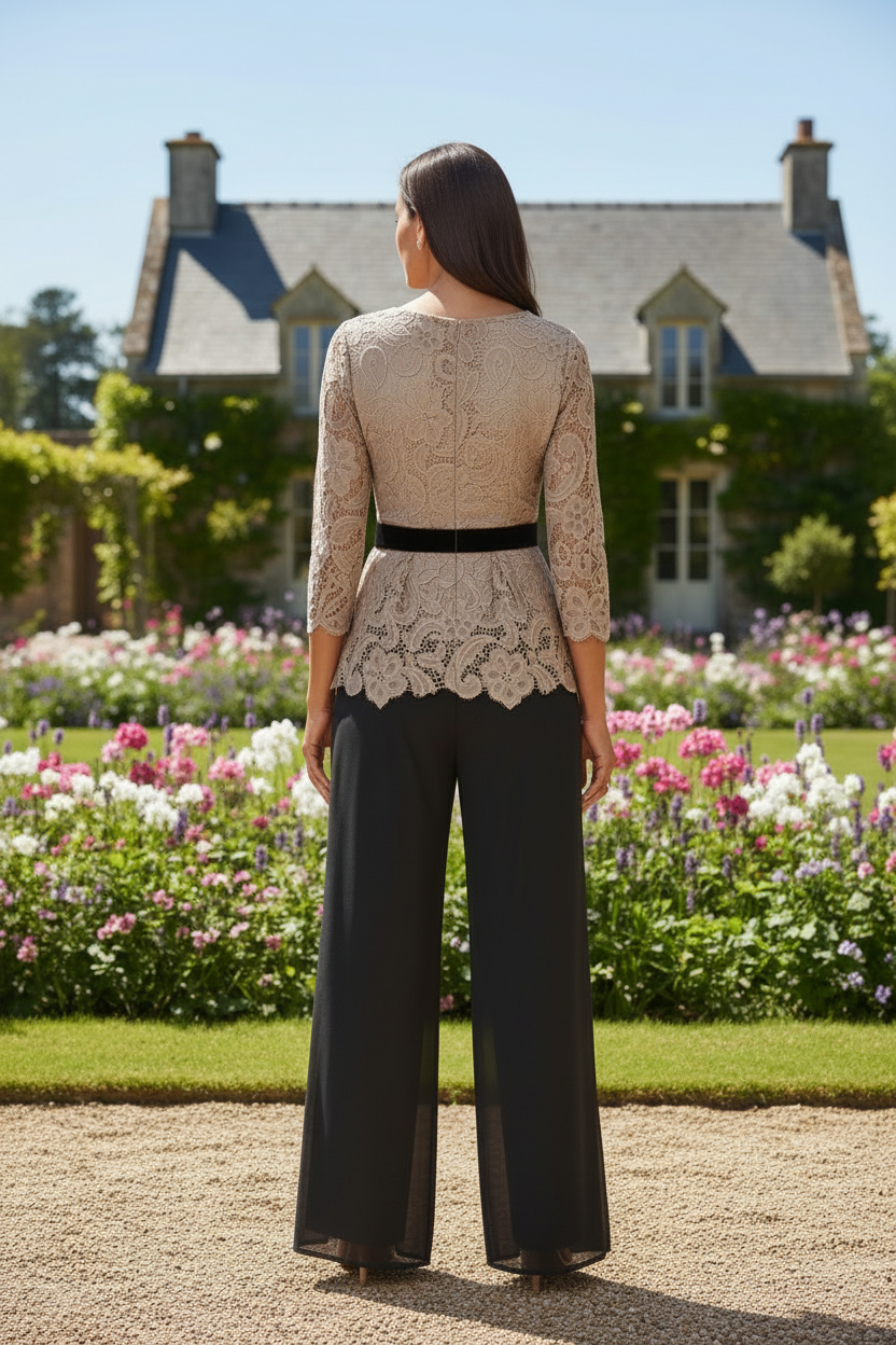 Elegant Lace Peplum Pantsuit with Wide-Leg Pants
