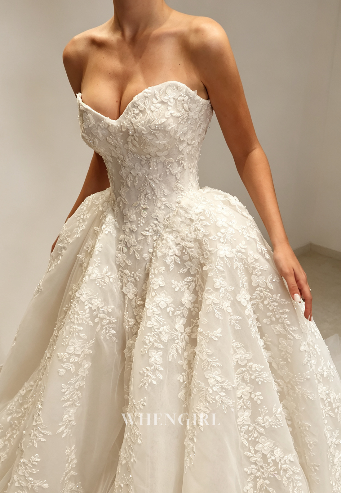 Strapless Floral Lace Applique Ball Gown Wedding Dress
