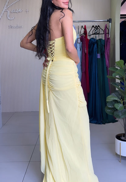 Strapless Ruched Maxi Dress with Lace-Up Back