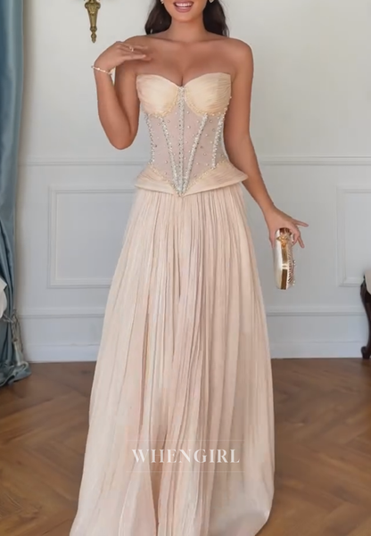 Strapless Beaded Corset Pleated Maxi Dress