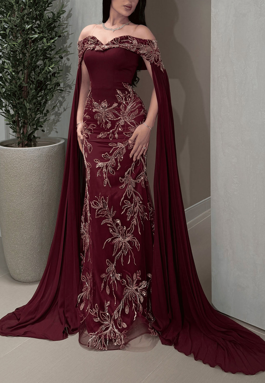 Embroidered Mermaid Evening Gown with Cape Sleeves