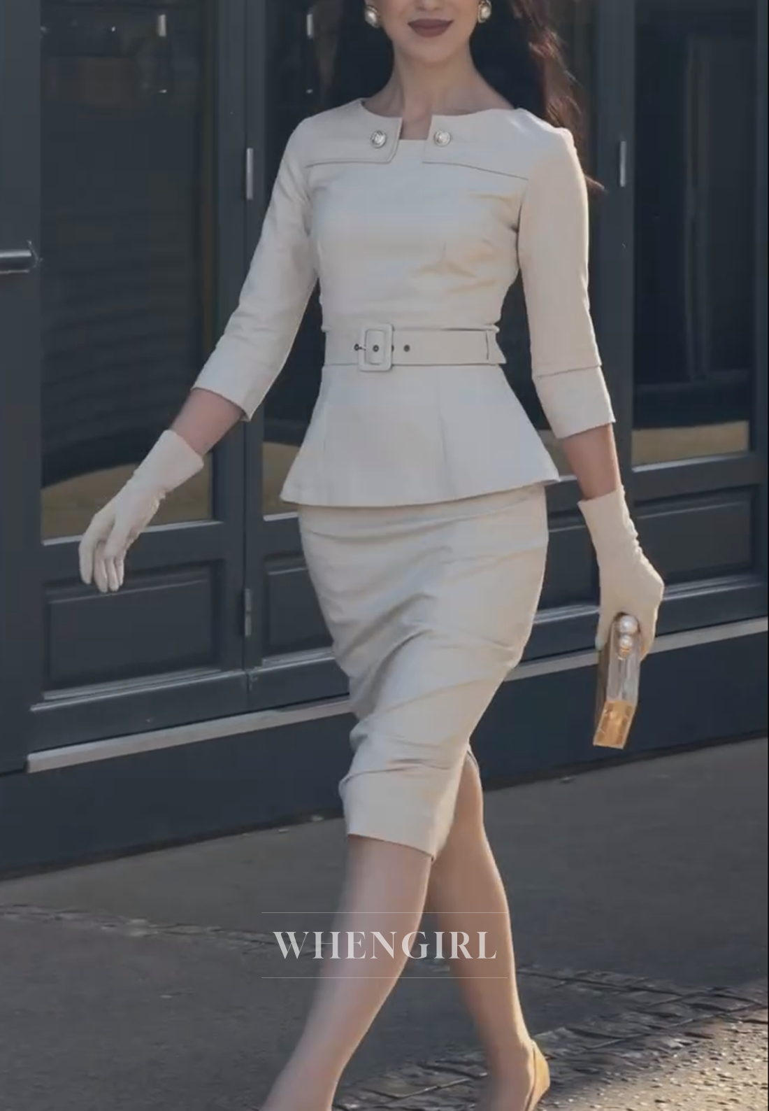 Peplum Midi Dress with Belt and 3/4 Sleeves