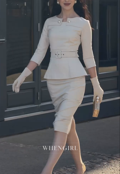 Peplum Midi Dress with Belt and 3/4 Sleeves