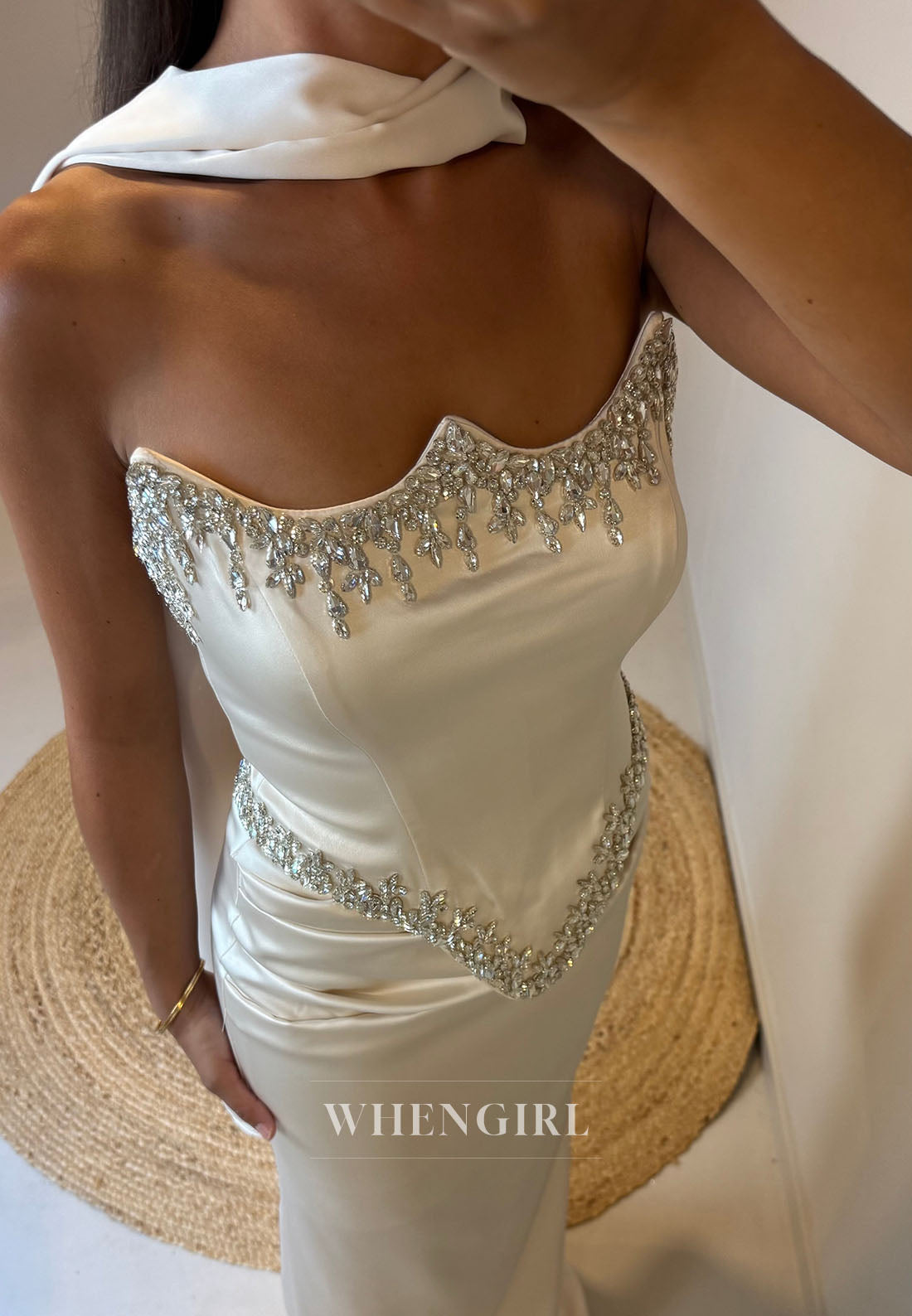 Strapless Satin Column Gown with Crystal Trim