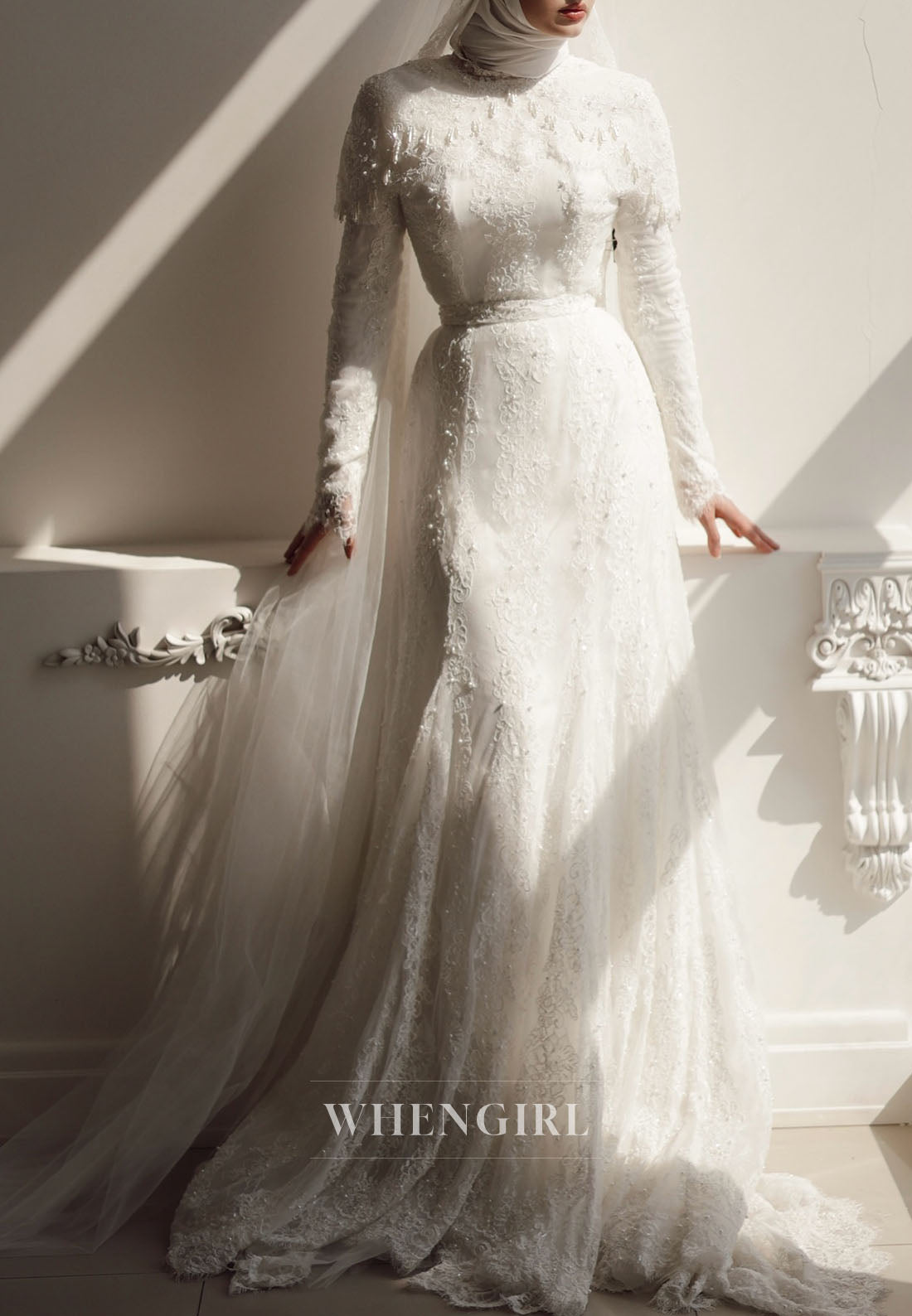High Neck Lace Wedding Dress with Long Sleeves