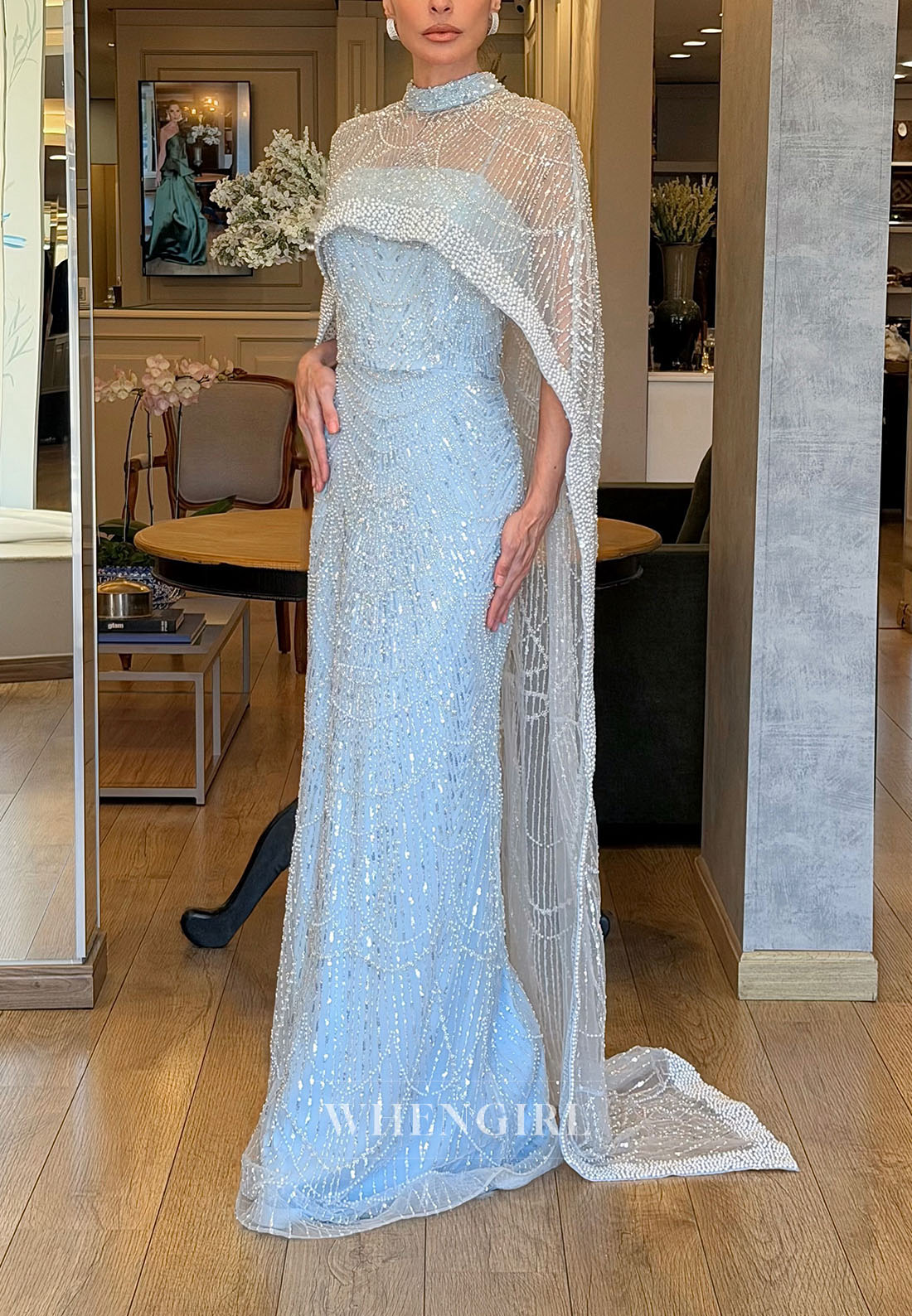 Beaded Column Gown with High-Neck Cape