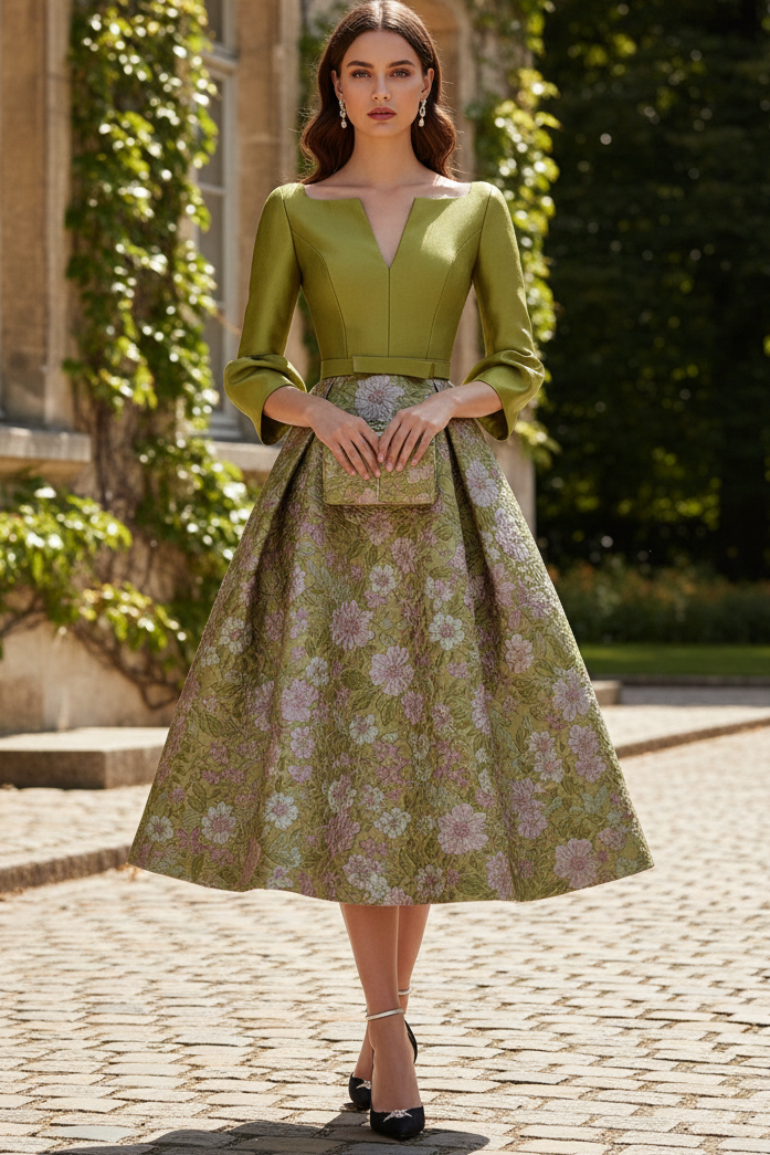 Floral Jacquard A-Line Tea-Length Dress with Bishop Sleeves