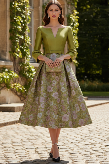 Floral Jacquard A-Line Tea-Length Dress with Bishop Sleeves