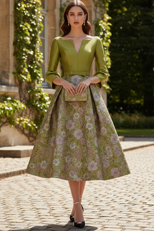 Floral Jacquard A-Line Tea-Length Dress with Bishop Sleeves