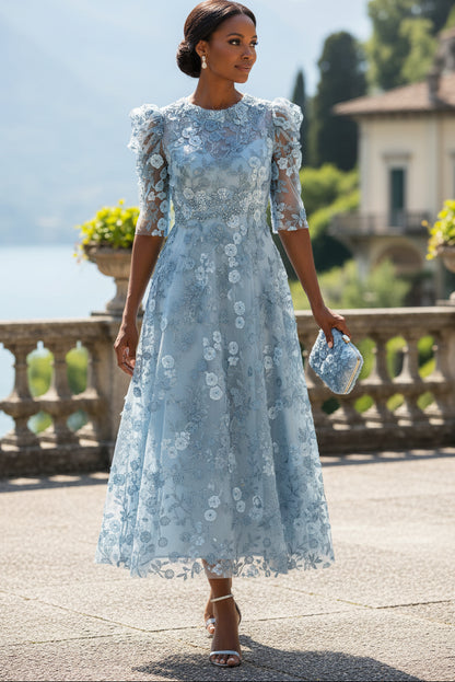 3D Floral Applique A-Line Midi Dress
