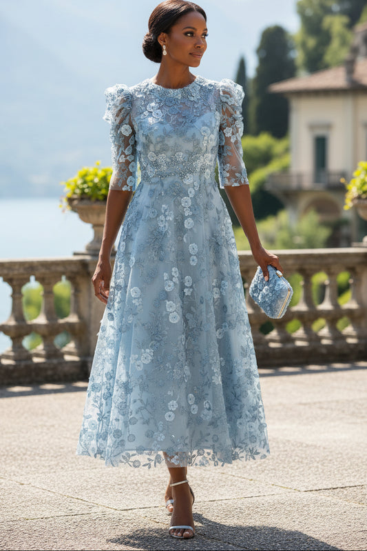 3D Floral Applique A-Line Midi Dress